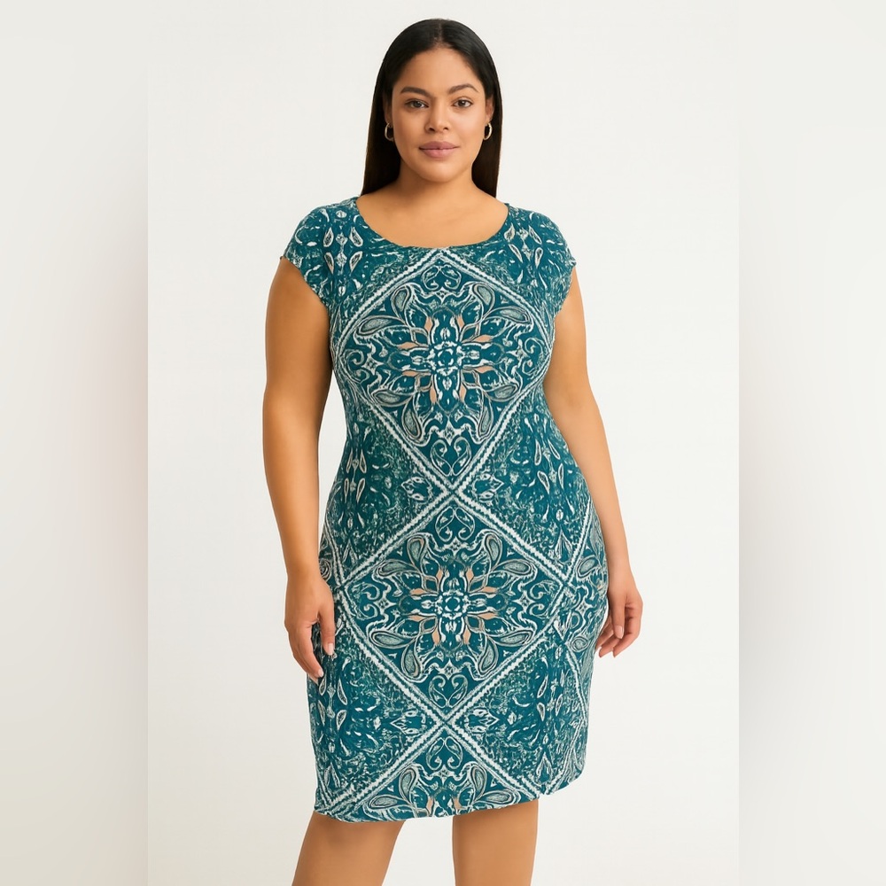 Vince Camuto Teal and White Patterned Midi Dress, NWT, Size 14